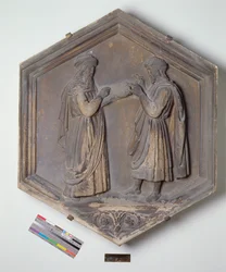 Geometrie oder Arithmetik, sechseckige dekorative Reliefkachel aus einer Serie, die die Sieben Freien Künste darstellt, möglicherweise basierend auf Entwürfen von Giotto, ca. 1334-48